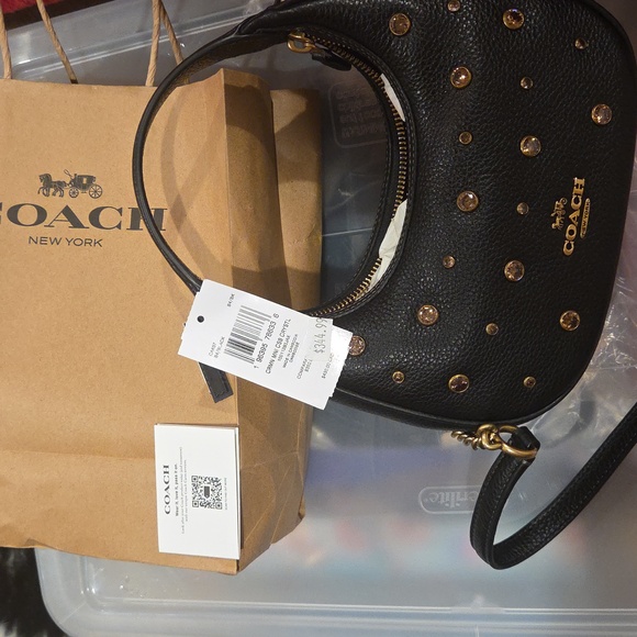 NWT Coach Black Leather Shoulder Bag with Pink Crystals And Gold Accents - Picture 2 of 3